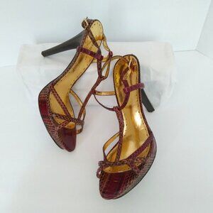 BCBGirls 'Minsy2' Cherrywood Snake Leather  T- Strappy Stiletto Platforms  Size9